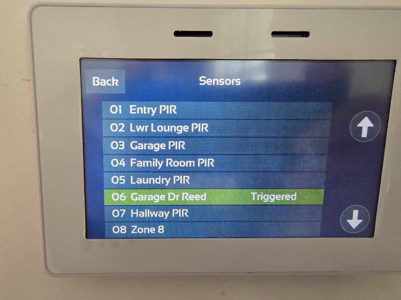 Alarm keypad showing each sensor zone