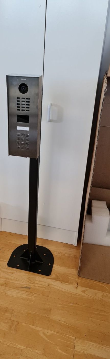 DoorBird intercom on a pedestal, ready to install