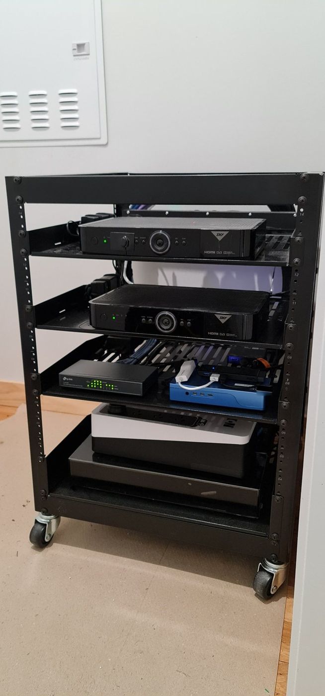 Compact AV rack with Sky boxes and network switch